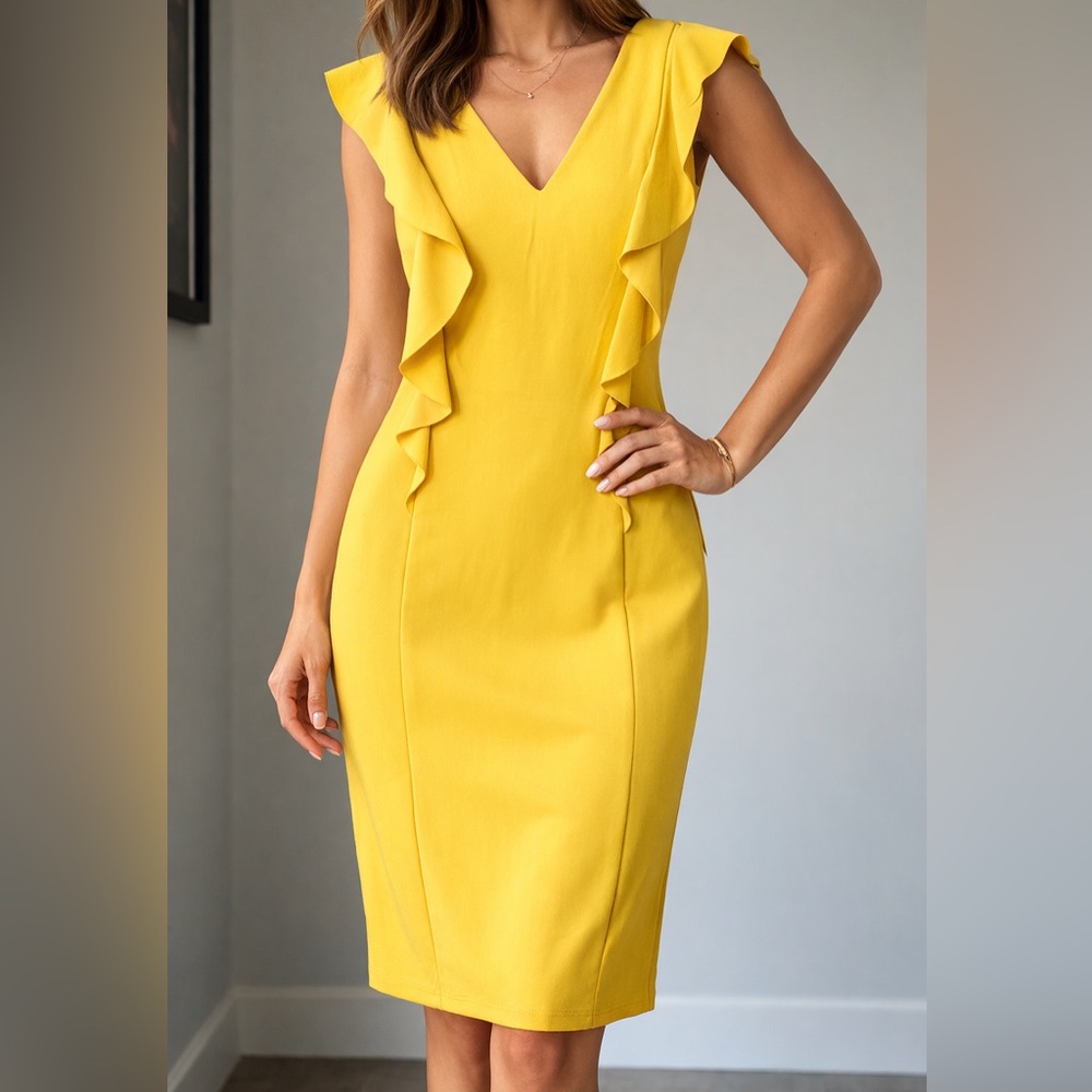 Enfocus Studio Ceylon Yellow Ruffle Sheath Dress Size 6 Cocktail Wedding Guest